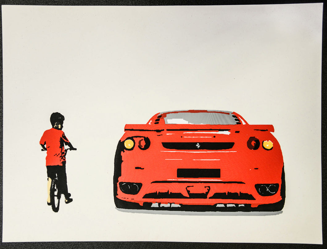 Ferrari art canvas with child on bike.