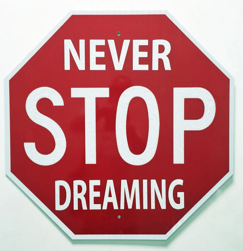 Street art - stop sign saying never stop dreaming by Plastic Jesus